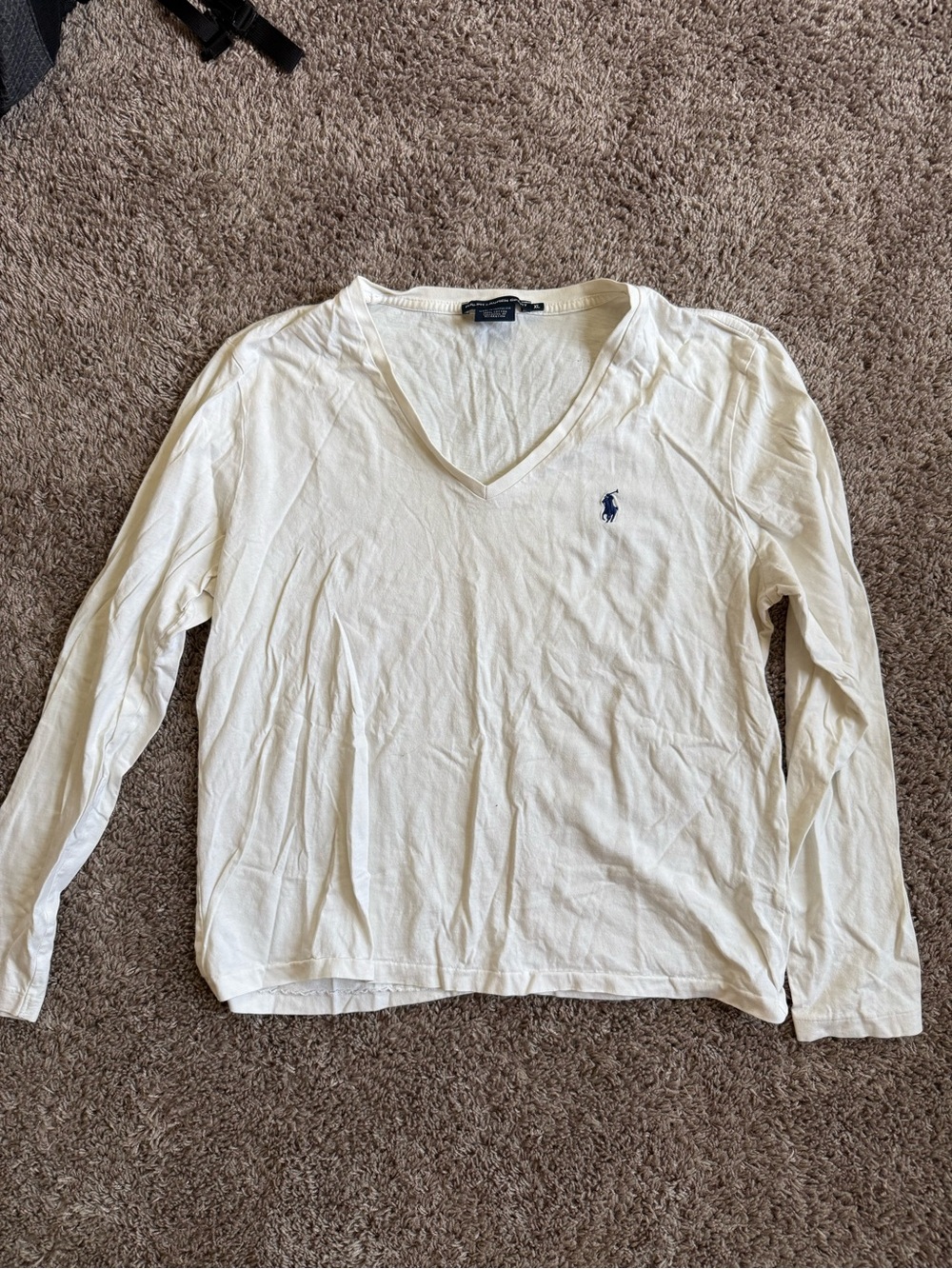 Ralph Lauren Cream V-Neck Long Sleeve Top with Navy Pony